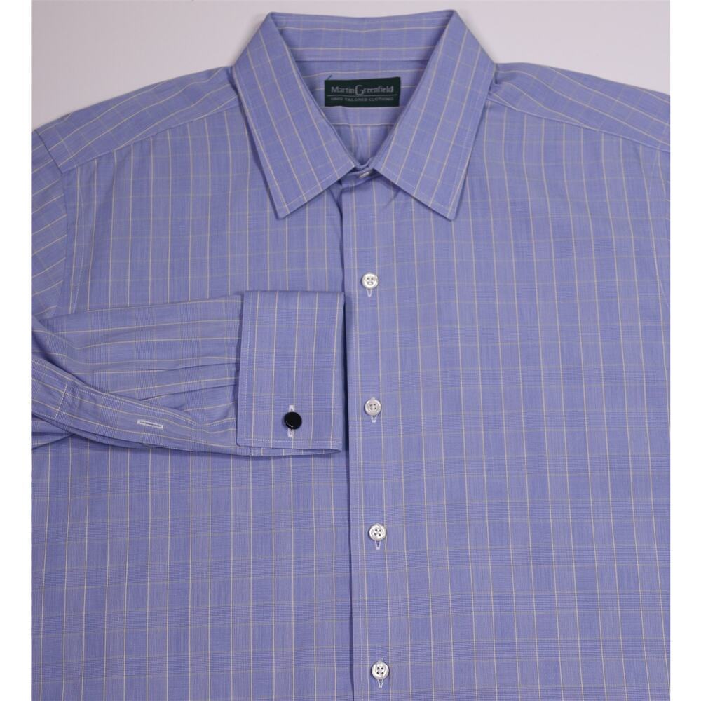 Martin Greenfield Custom Tailored Blue Yellow Plaid FC Dress Shirt (42) 16.5-32